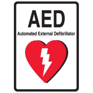 AED sign with heart and lightning bolt.