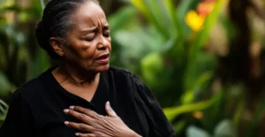 Woman praying outdoors, hand on chest.